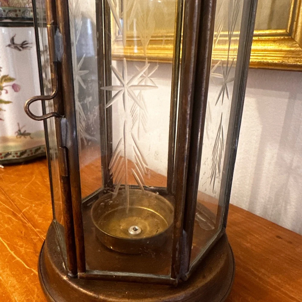 Vintage Turkish Brass Etched Glass Lantern Candleholder